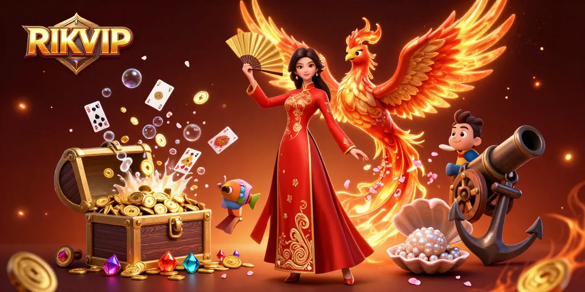 Experience the thrill of RIKVIP with gold coins, a graceful dancer, and dynamic game elements