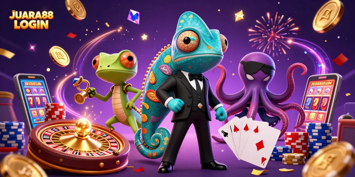 Spin to victory with JUARA88 LOGIN, featuring a secret agent chameleon and a tech-savvy gecko amidst a rich casino backdrop.