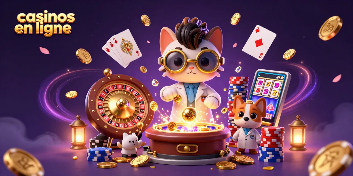 Jouer dans les casinos en ligne avec un chat scientifique fou et son chien assistant, entourés d'or et d'effets de lumière.