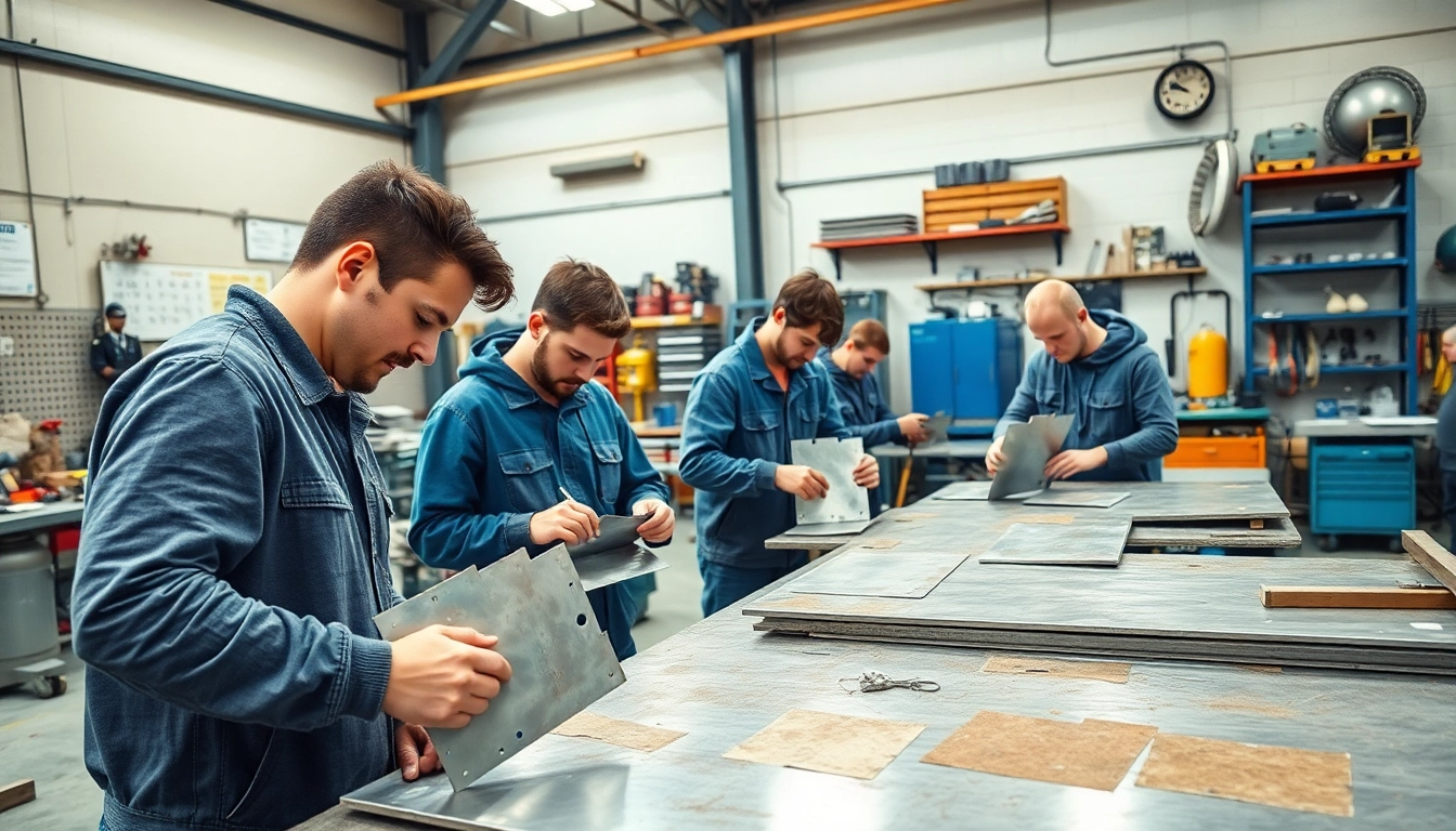 Engaging in sheet metal training, students practice skills in a vibrant workshop setting.