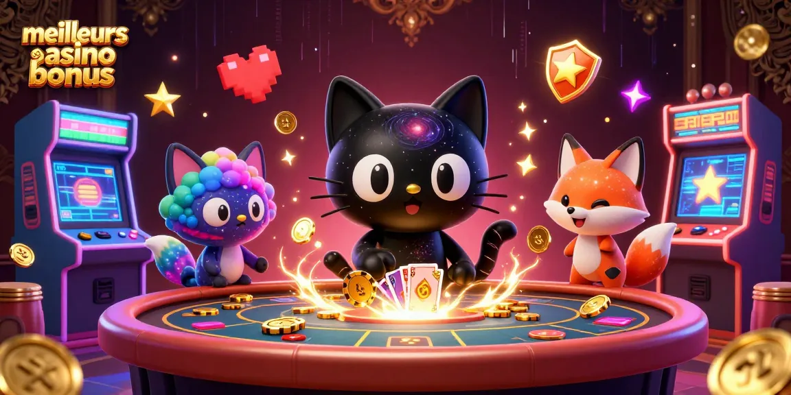 Illustration dynamique des meilleurs sites casino bonus avec un chat noir trou noir et un renard nébuleux dans un casino cosmique