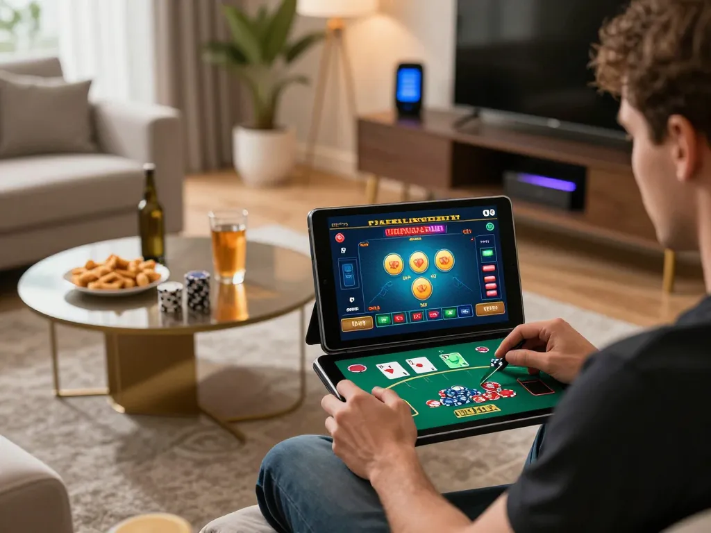 Player engaging in poker on a tablet, representing the 3win actor experience in online gambling.