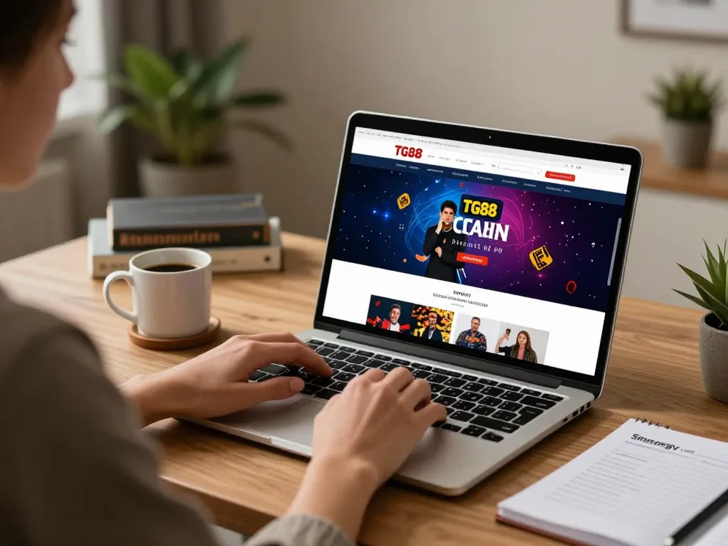 Engaging with TG88 online casino on a laptop in a cozy home setting, emphasizing responsible gaming practices.