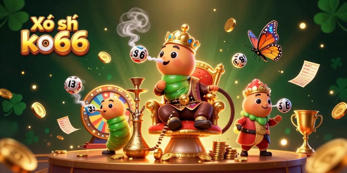 Engage with Xổ số ko66 as the hookah-master character celebrates with lottery symbols in a dynamic scene.