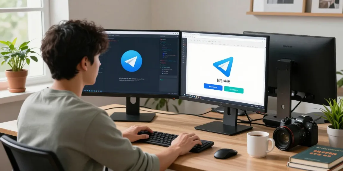 Dynamic workspace displaying software development focused on 纸飞机中文版 with dual monitors, coding books, and a lively atmosphere.