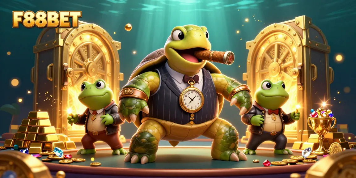Experience the dynamic world of F88BET with cartoon characters and dazzling treasure in this casino scene.