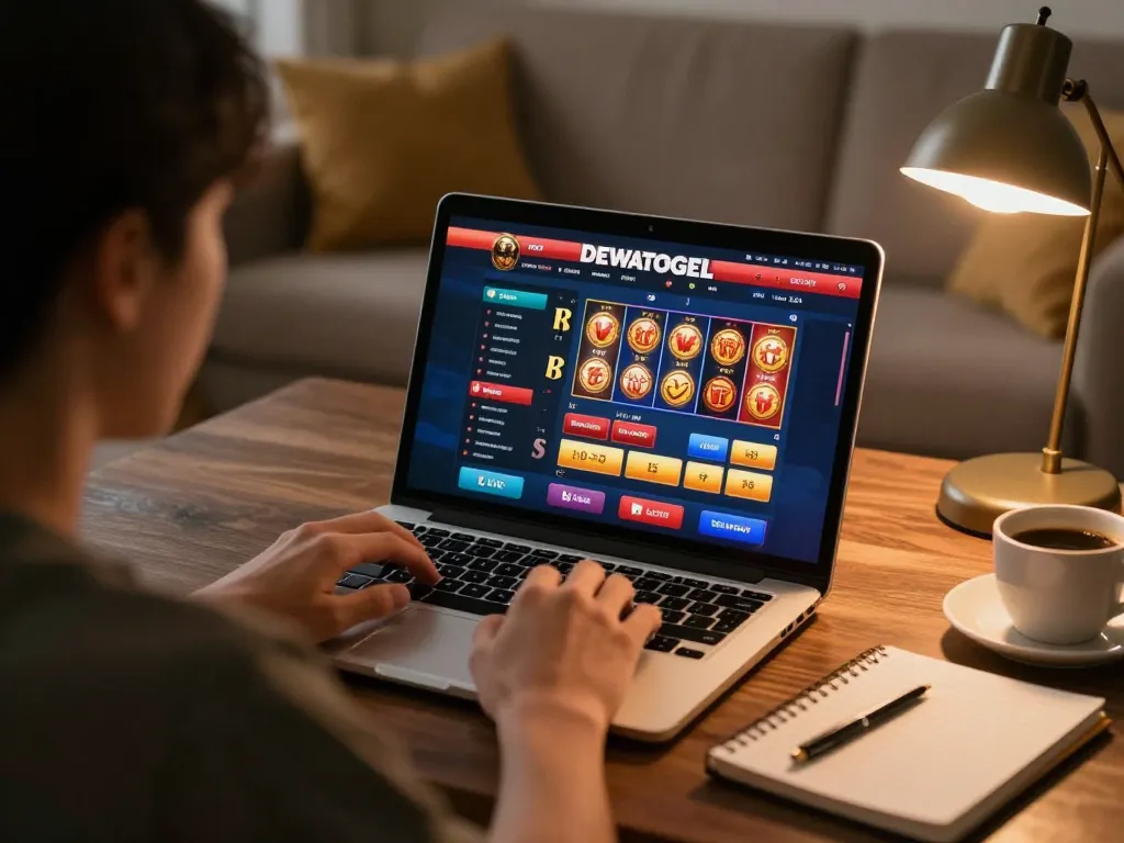 Using DEWATOGEL for online gaming on laptop with cozy atmosphere, tracking strategies in notebook.