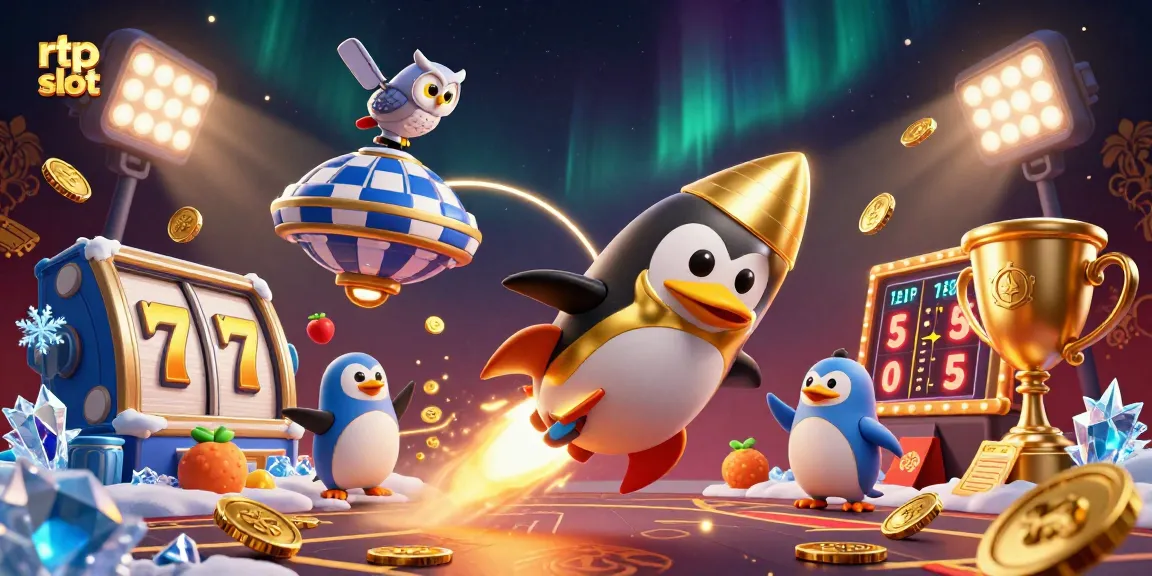 Experience the thrill of rtp slot gaming with dynamic 3D elements and a golden penguin in action.