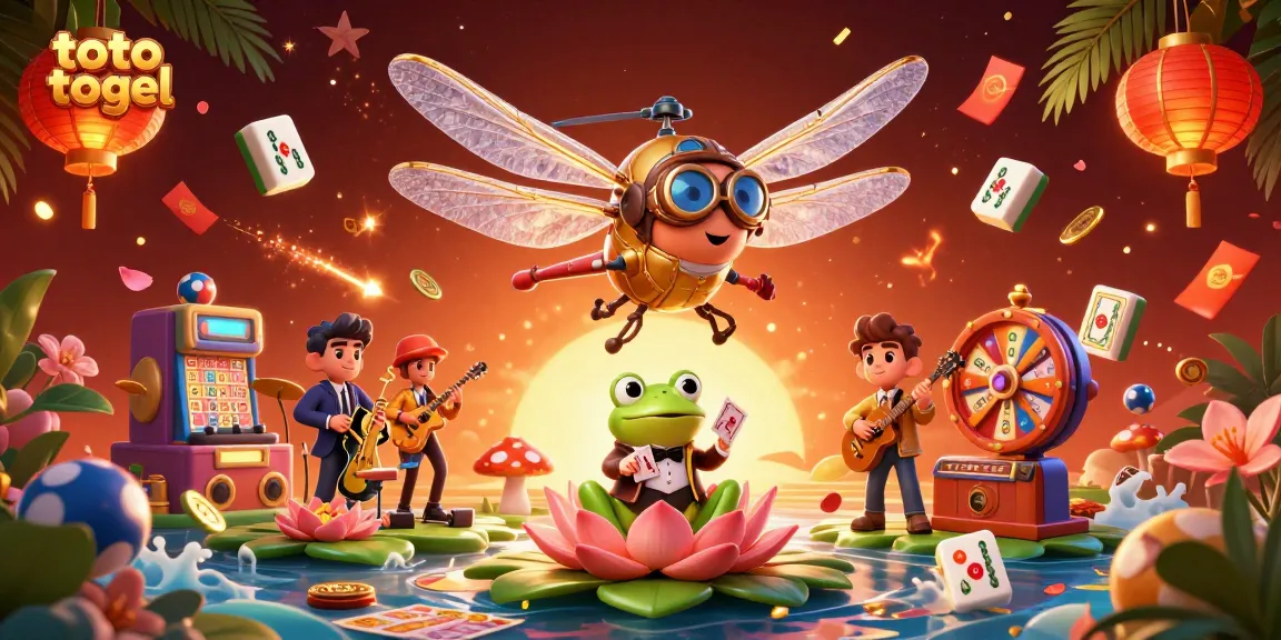 Toto togel lottery scene with a dragonfly pilot, frog croupier, and jazz musicians.