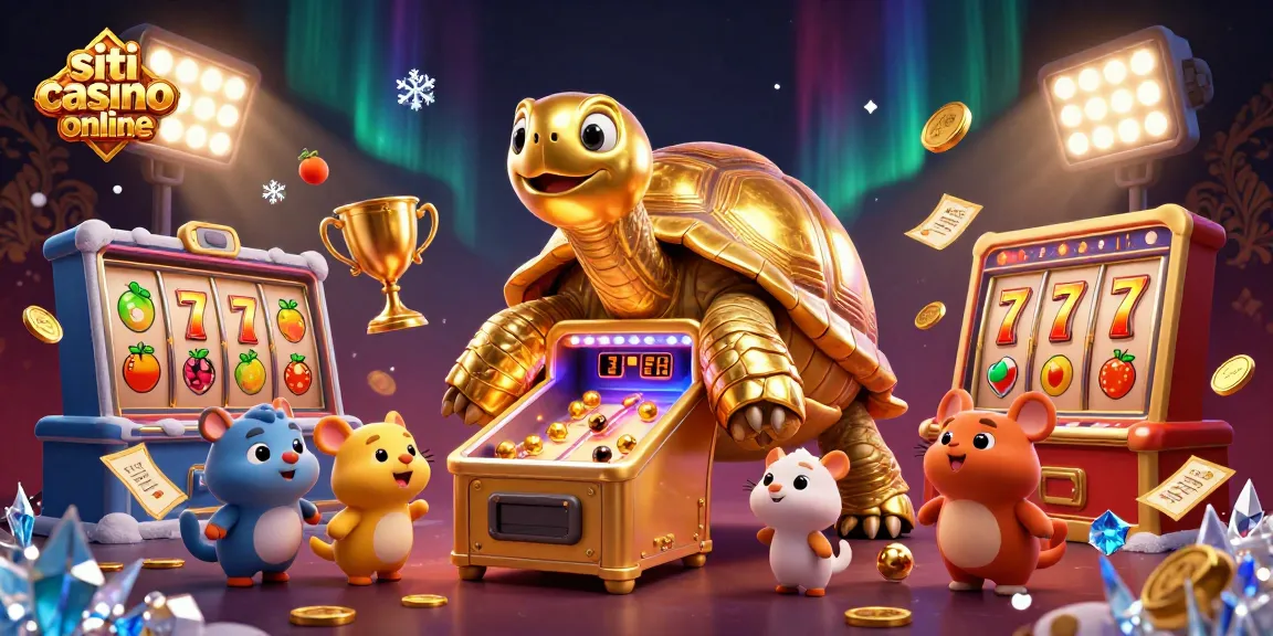 Gioca nei migliori siti casino online con un'enorme tartaruga dorata che funge da macchina da pinball, mentre piccoli animali si divertono.