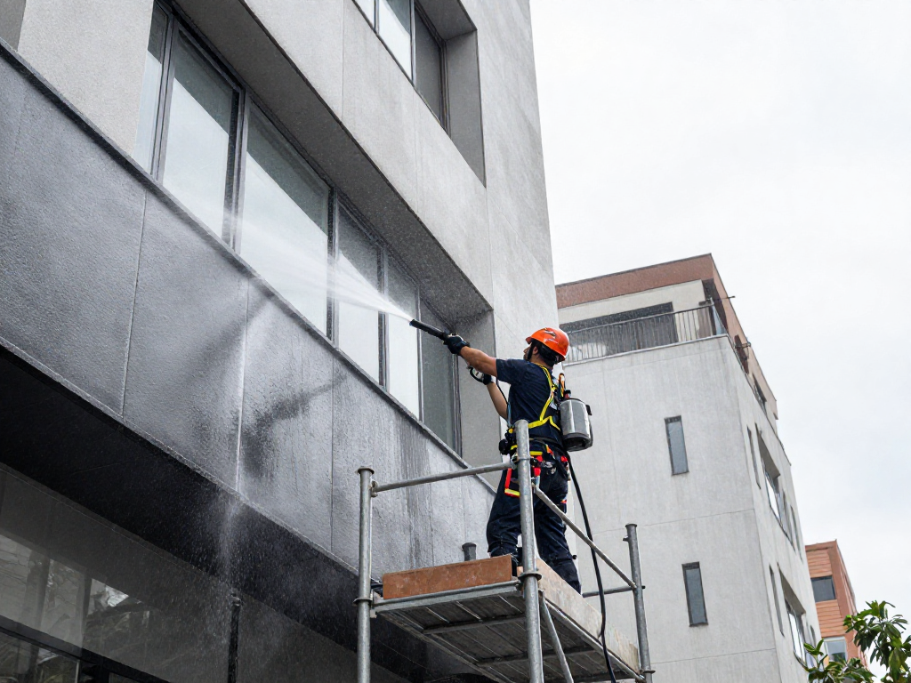 Fassadenreinigung durch professionelle Techniker mit Hochdruckreinigung in Dortmund.