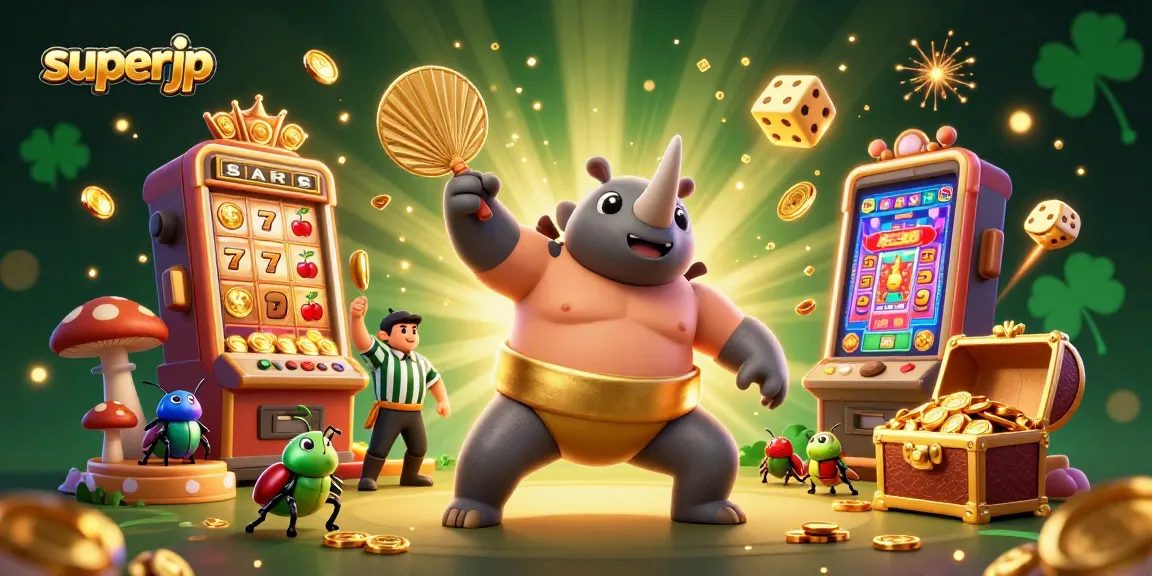 Experience a vibrant casino scene with superjp featuring a beetle champion and jackpot excitement.