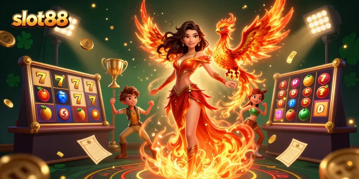 Experience the excitement of slot88 with vibrant reels, golden coins, and magical elements in this engaging illustration.