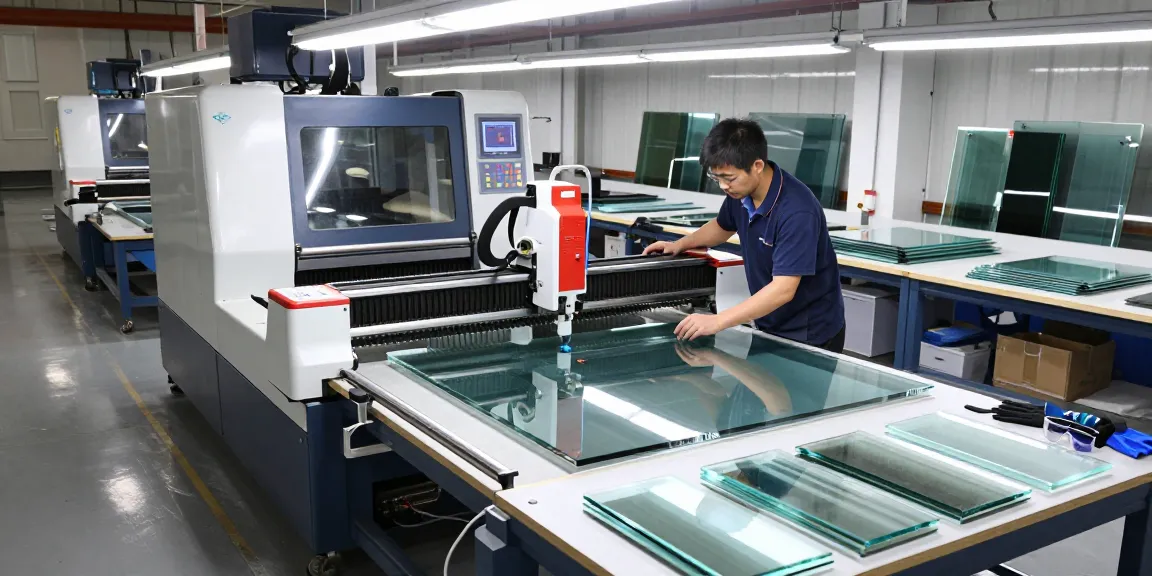 Technician using a cutting machine glass in a modern glass processing workshop, showcasing precision and safety.