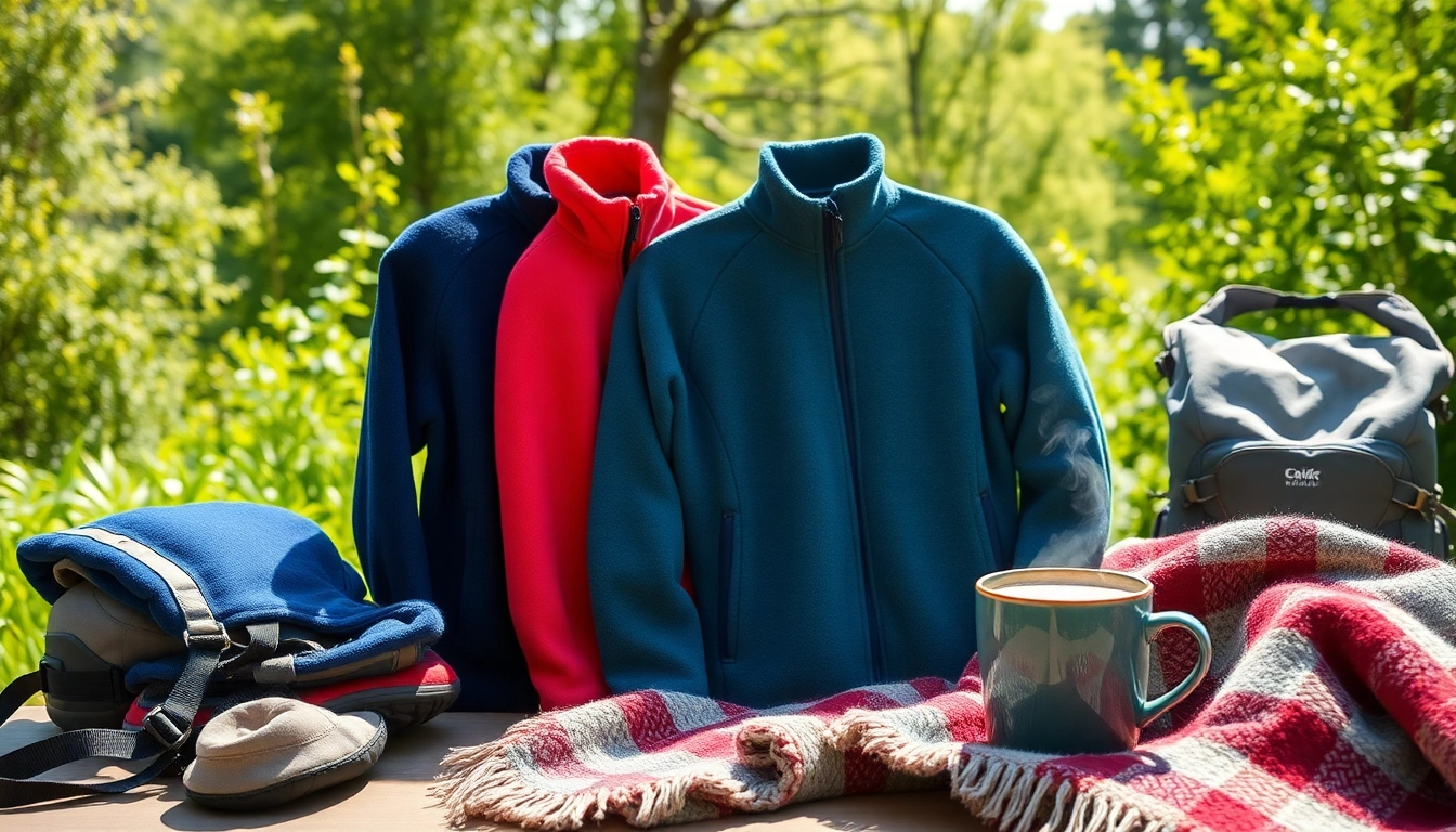 Fleece producten op een elegante buitenlocatie in een zonnige sfeer.
