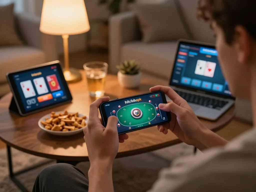 Player enjoying hitclubapk on smartphone in cozy living room with snacks, emphasizing mobile gambling.