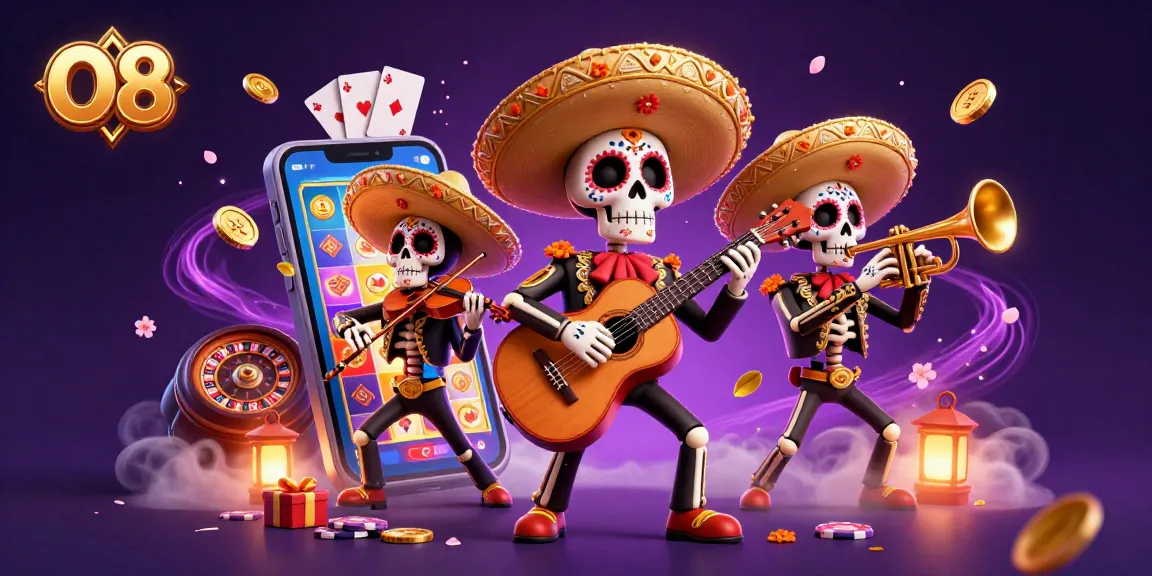 Engage with O8's vibrant casino world as skeleton mariachi musicians play amidst spinning slot games.