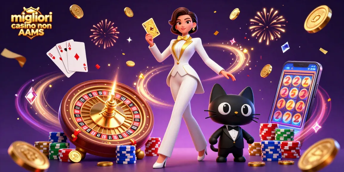 Vivi l'emozione con i migliori casino non AAMS che presentano una donna glamour e un gatto in smoking in una vivace scena di casinò.