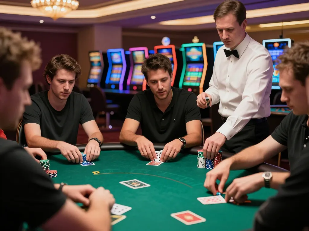 B52 players engage in strategic poker gameplay at a vibrant casino table, with cards and chips visible.