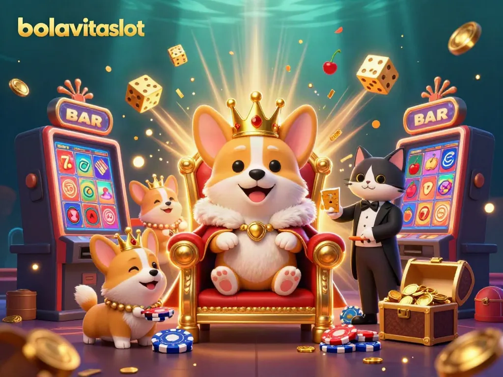 Experience bolavitaslot through a vivid 3D illustration of a royal corgi and dynamic casino elements.