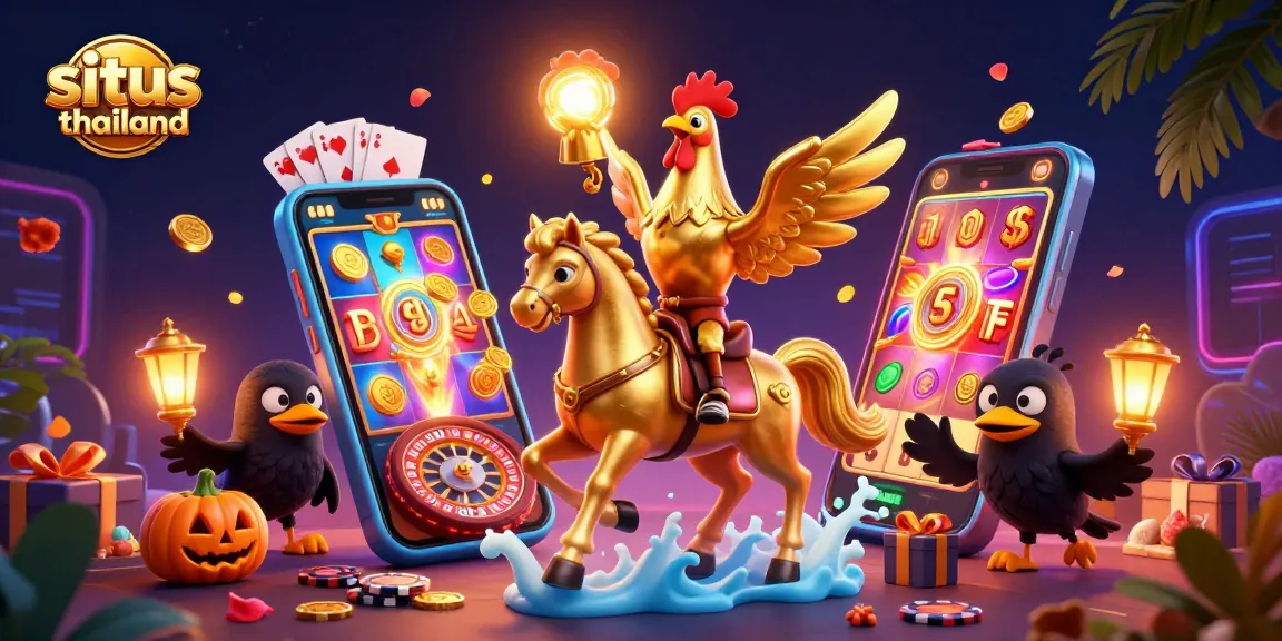Experience the excitement of situs thailand as golden rooster characters navigate a vibrant casino.