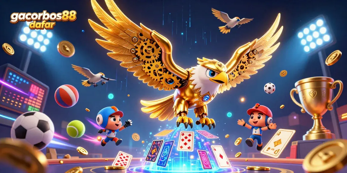 gacorbos88 daftar showcases an engaging 3D casino scene filled with dynamic sports elements.