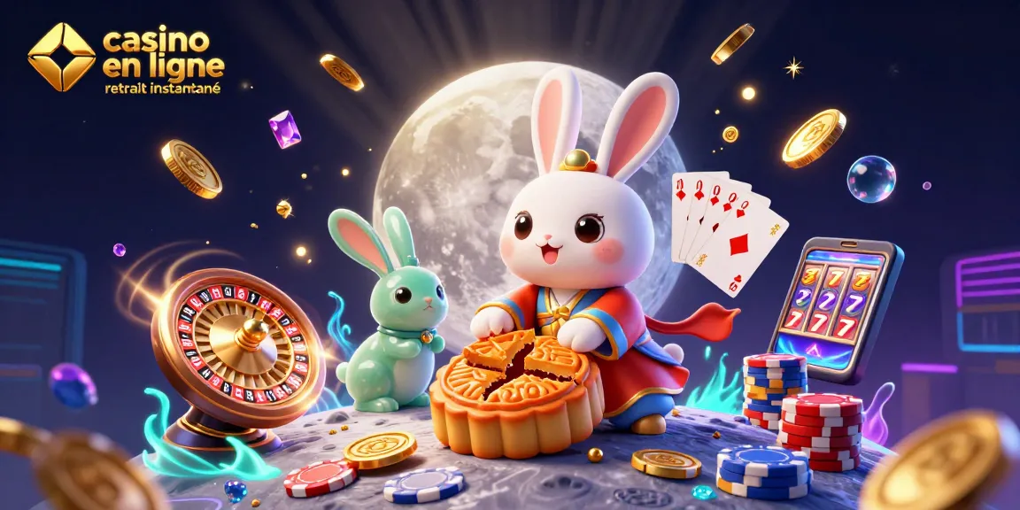 Casino en ligne retrait instantané : illustration colorée d'un lapin de lune ludique jouant, entouré de jetons, cartes et pièces d'or.
