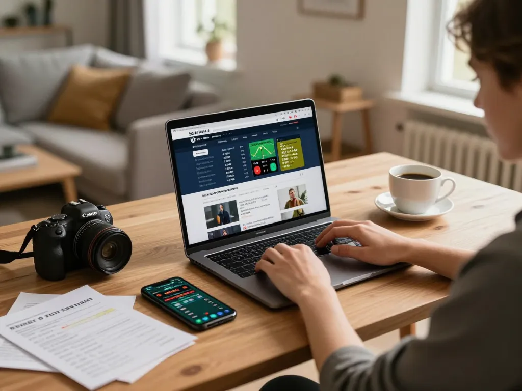 Siti di scommesse stranieri shown on a laptop display, with a user actively placing bets in a cozy home office setup.