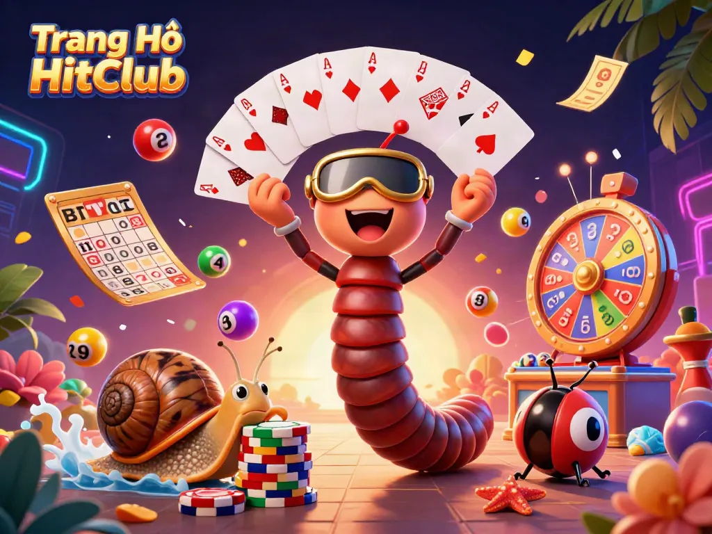 Experience the excitement of Trang Chủ HitClub with a vibrant gaming scene featuring animated characters and casino elements.