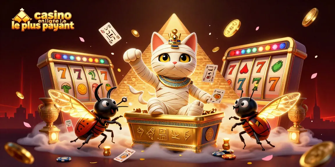 Illustration dynamique d'un casino en ligne le plus payant, avec un chat momie égyptien et des éléments de jeu