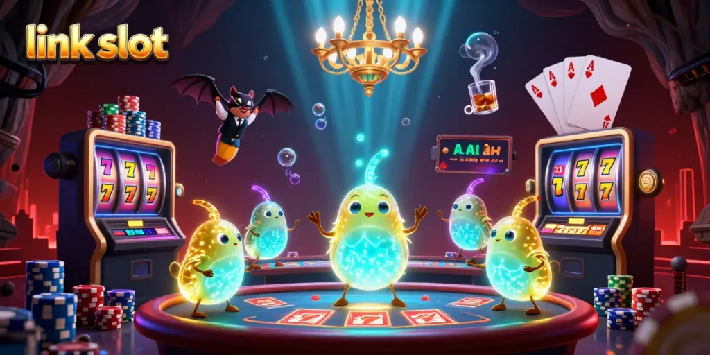 Permainan link slot gacor di dunia kasino dengan karakter kartun 3D yang bersinar.