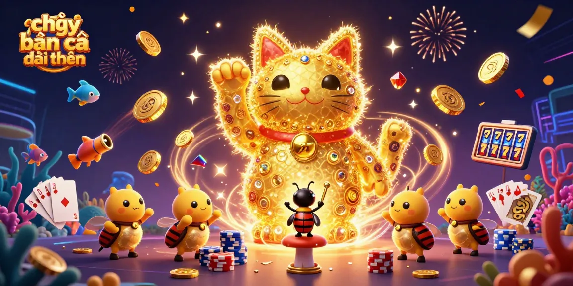Engage in chơi bắn cá đổi thưởng with vibrant illustrations of lucky cat and gaming elements.