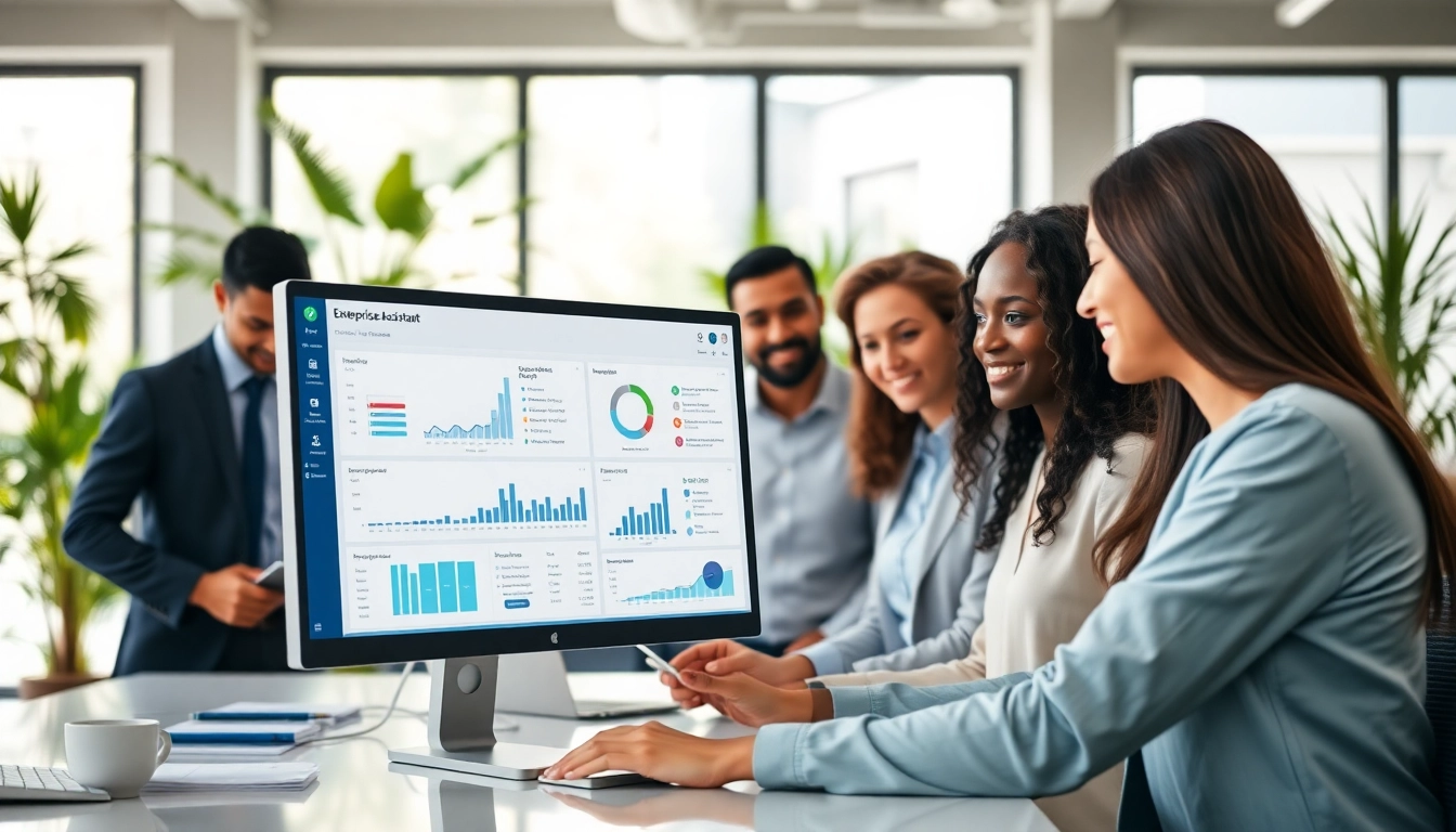 Showcase an enterprise assistant SaaS software interface in a collaborative office environment.