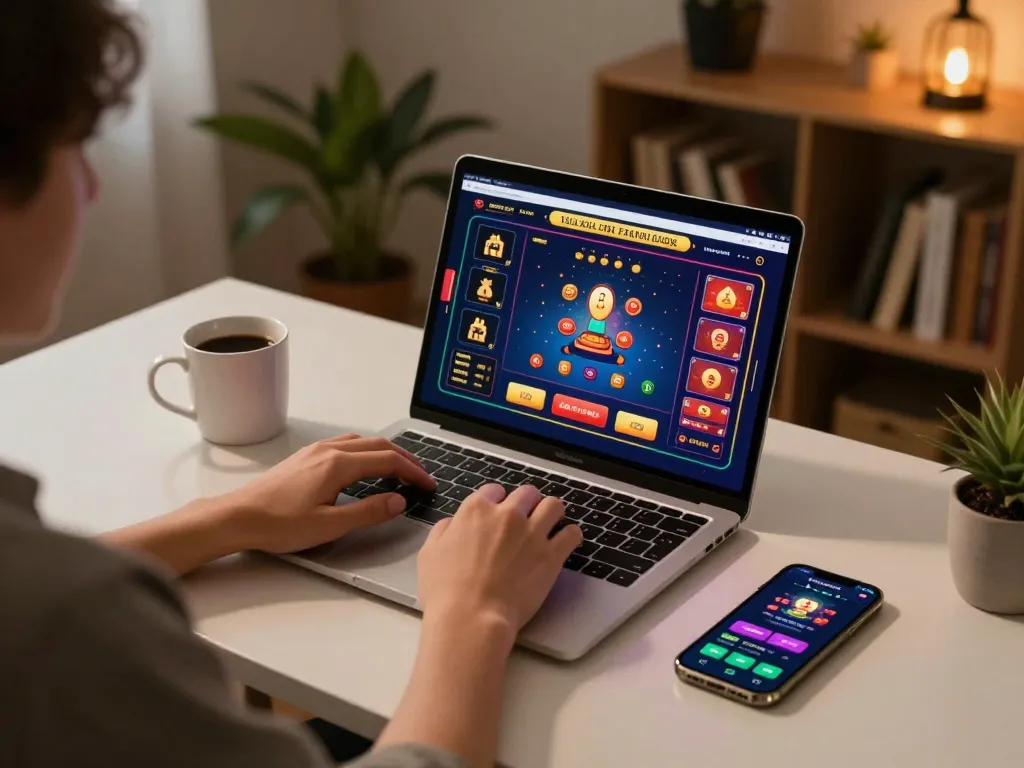 Engaging with เว็บตรง online slots on a laptop, showcasing vibrant game interface and cozy gaming atmosphere.