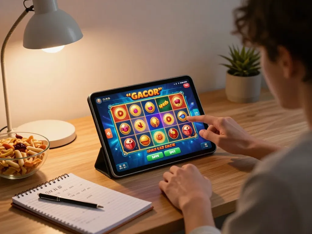 Experience link slot gacor gameplay with an engaging tablet interface in a cozy home environment.