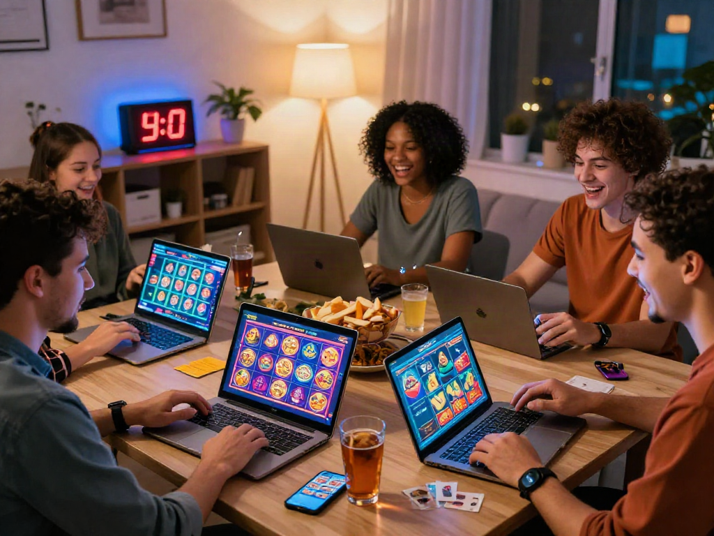 Friends enjoying casino online games together in a cozy setting