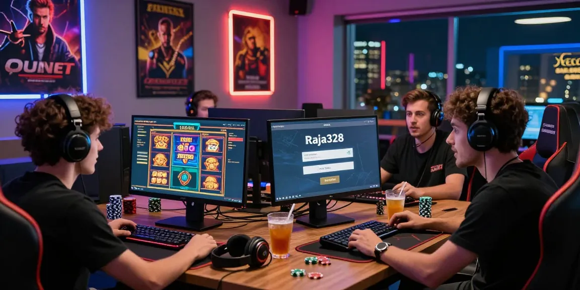 Excited players strategizing for the raja328 login in a vibrant online casino setting.