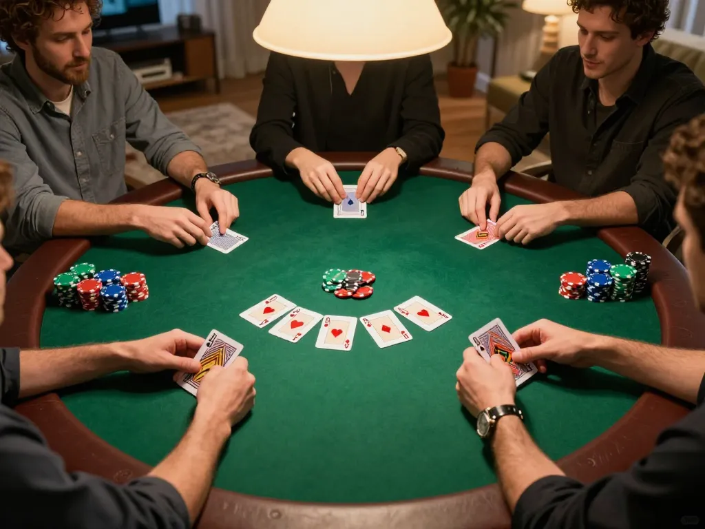 Players enjoy their poker strategy at a home game night, focusing on ดูหนังใหม่ moments, laughter, and competitive camaraderie.