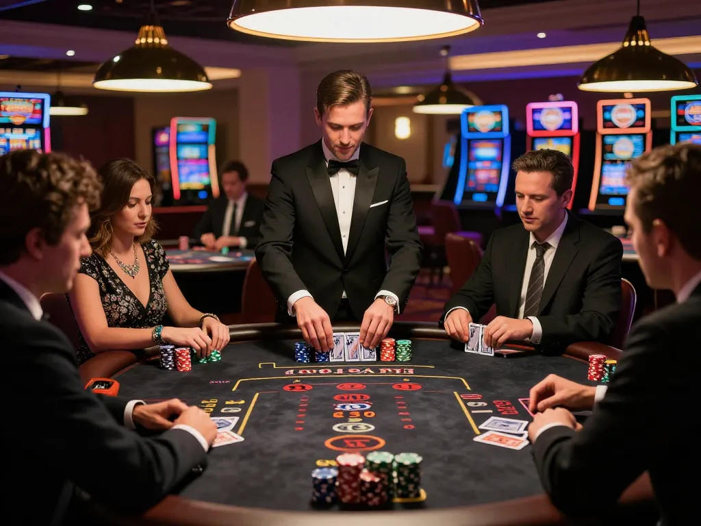 Players enjoying strategic blackjack gameplay in a luxurious casino with Premium Heavyweight Pullover Fleece for comfort