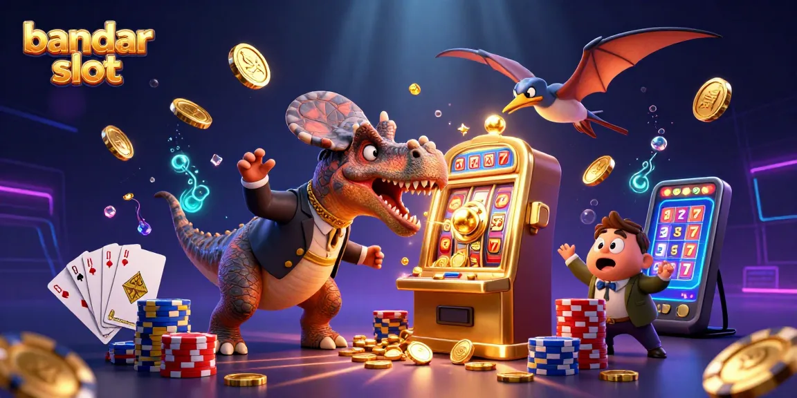 Berbagai karakter binatang dino beraksi di bandar slot mengumpulkan koin jackpot berkilau.