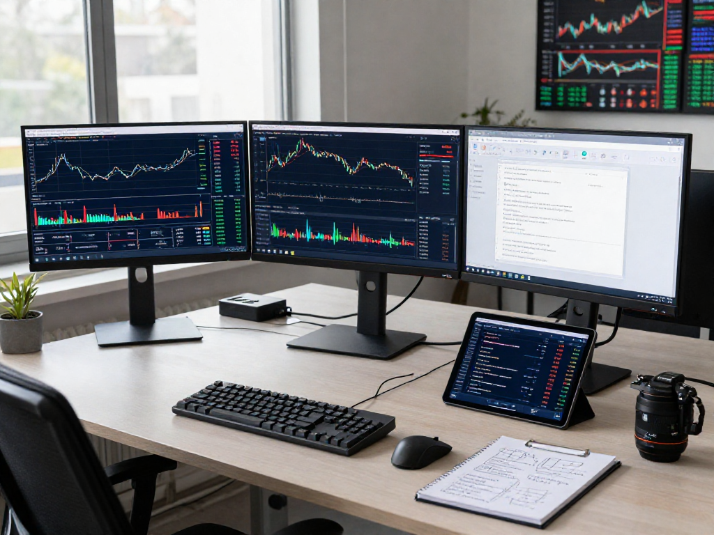 Quantitative trading data feed displayed on modern financial developer workstation with multiple monitors.
