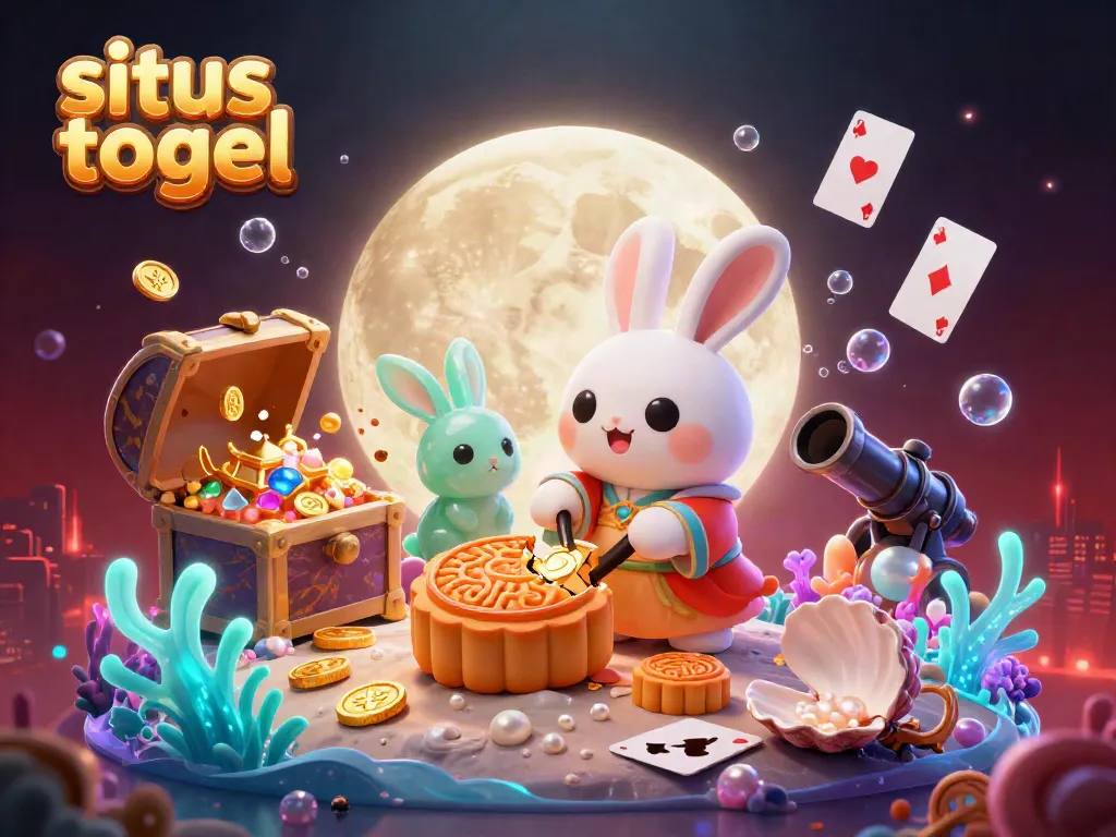 Situs togel themed 3D illustration of moon rabbits creating poker chip mooncakes against a vibrant casino backdrop.