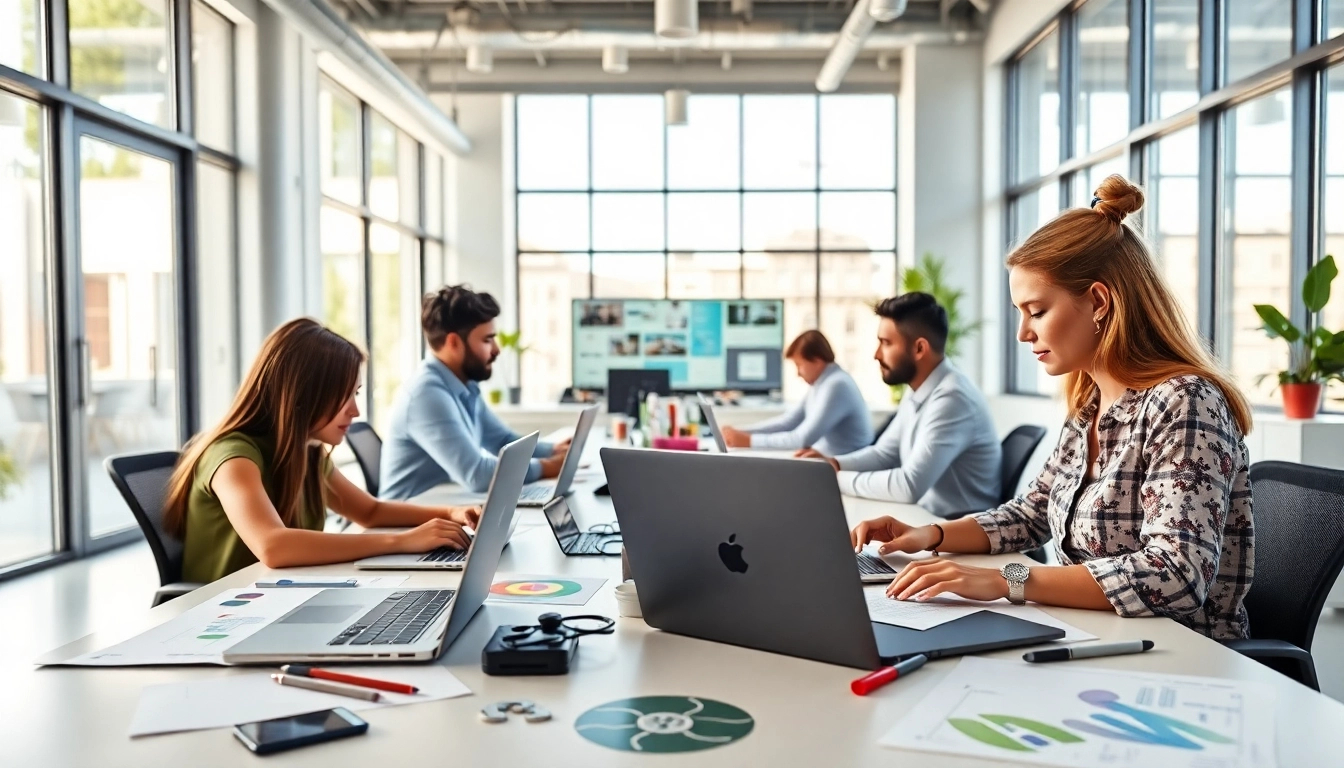 Werbeagentur arbeitet kreativ in modernen Büros an digitalen Projekten.