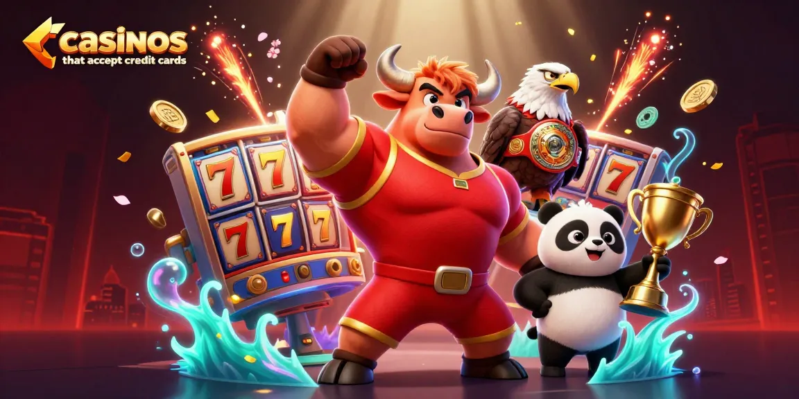 Engaging scene of casinos that accept credit cards with vibrant characters celebrating wins around jackpot slots.