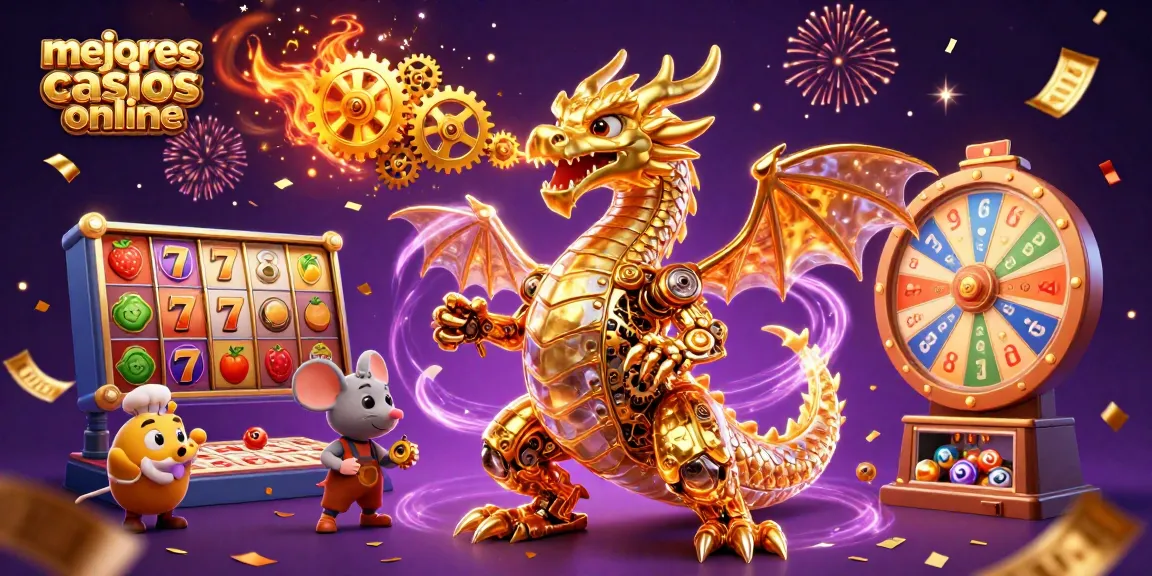 Ilustración de los mejores casinos online, con un dragón dorado y elementos de juegos destacados.