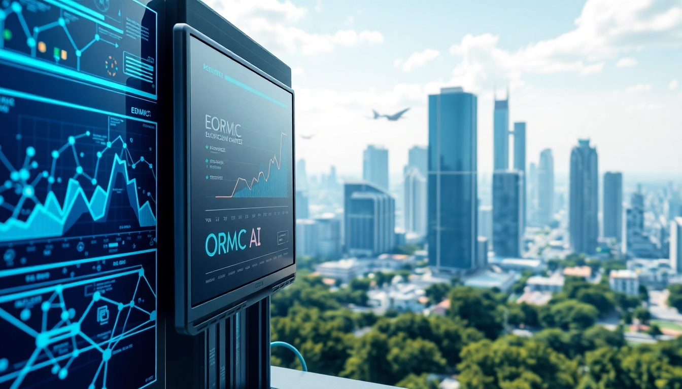 Visual representation of EORMC AI blockchain development with digital analytics and vibrant cityscape.