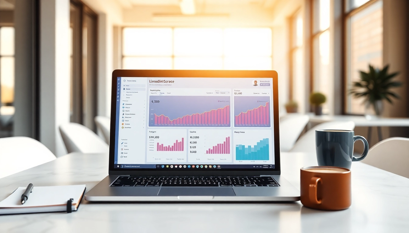 Utilize a LinkedIn email scraper interface on a laptop showcasing data analytics in a modern office.