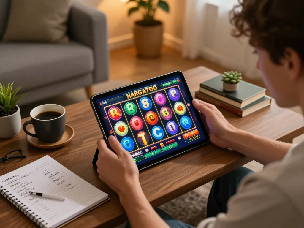 Engaged player spinning HARGATOTO slot games on a tablet at home, showcasing strategy and excitement.
