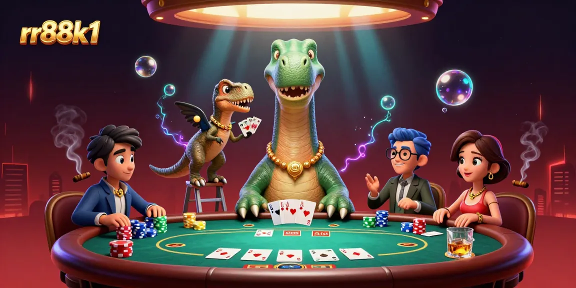 Experience thrilling poker action at rr88k1 with a vibrant casino scene featuring a dinosaur dealer