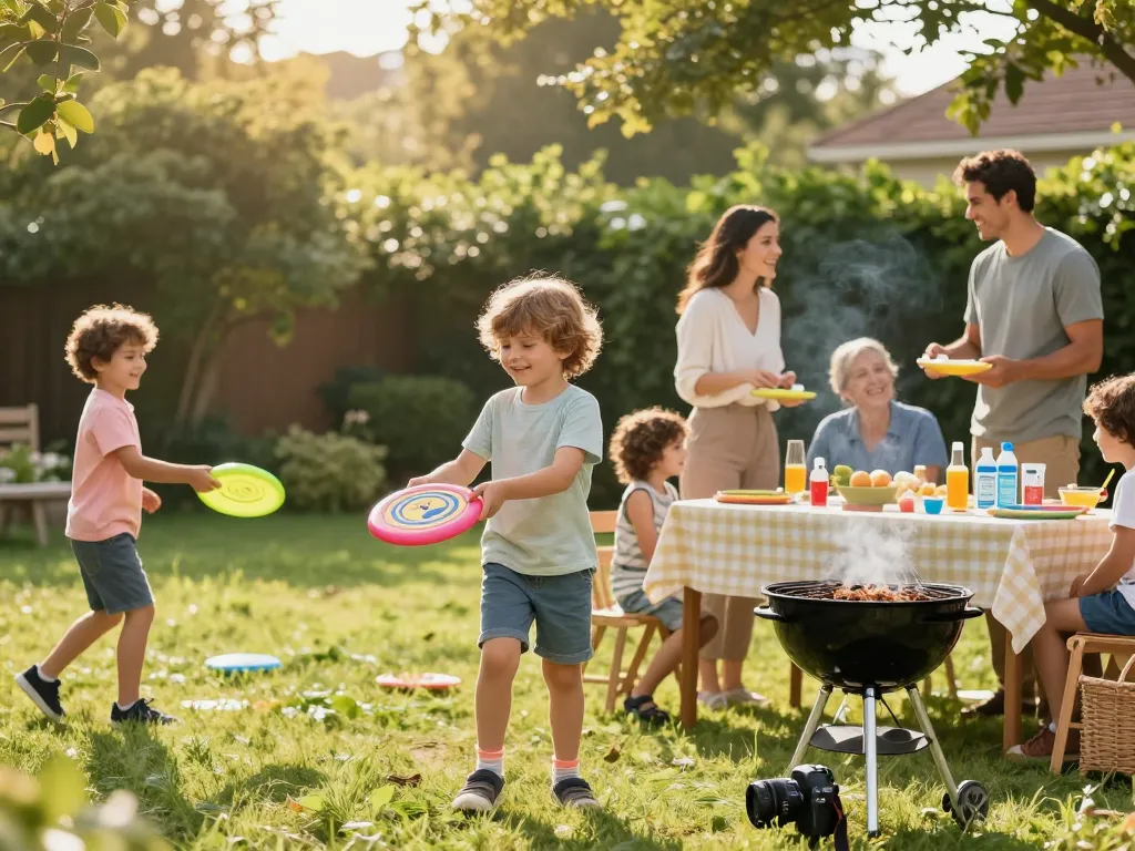 Family applying mosquito repellent at a summer barbecue gathering outdoors.